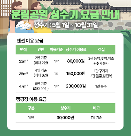 운림공원 성수기 요금 안내. 성수기:5월1일~10월31일. 펜션이용요금 : 면적(22㎥) 2인 기준 / 최대 2인 1박 80,000원 3관 동백,후박,백조 ※ 취사 불가. 면적(35㎥) 4인 기준 / 최대 6인 1박 150,000원 1관 구기자 2관 울금,참전복. 면적(47㎥) 8인 기준 / 최대 10인 1박 230,000원 1관 홍주. 캠핑장 이용요금(일반) 30,000원. 1일 기준