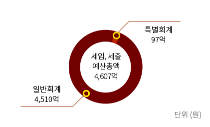 세입 세출 예산총액 4,607억 일반회계 4,510억 특별회계 97억 단위(원)