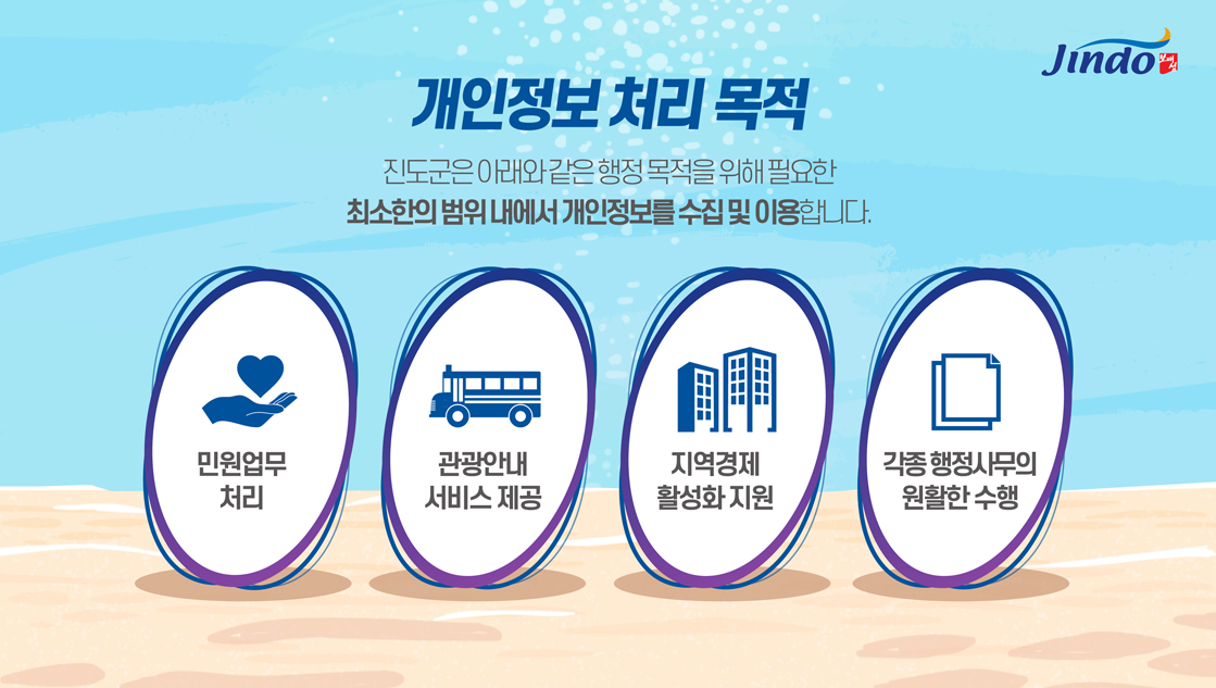 개인정보 처리목적 진도군은 아래와같은 행정목적을 위해 필요한 최소한의 범위내에서 개인정보를 수집 및 이용합니다. 민원업무 처리, 관광안내 서비스 제공, 지역경제 활성화 지원, 각종행정사무의 원활한 수행 Jindo 보배섬