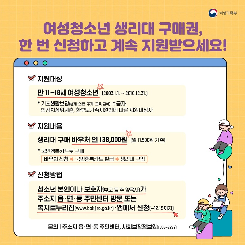 (여성가족부) 여성청소년 생리대 구매권, 한번만 신청하면 18세까지 지원 이미지