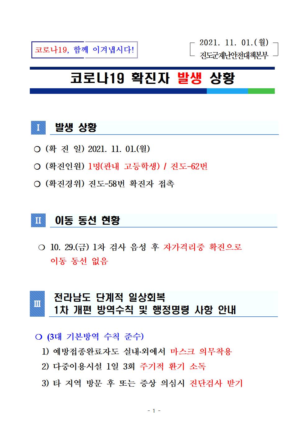 코로나 19 진도 62번 확진자 발생 상황 첨부#1