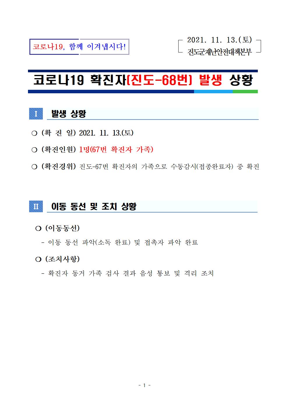 코로나 19 진도 68번 확진자 발생 상황 첨부#1