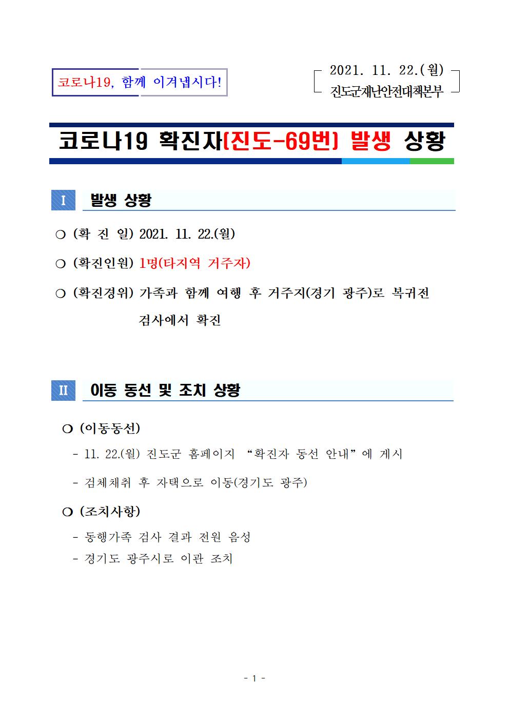 코로나 19 진도 69번 확진자 발생 상황 첨부#1
