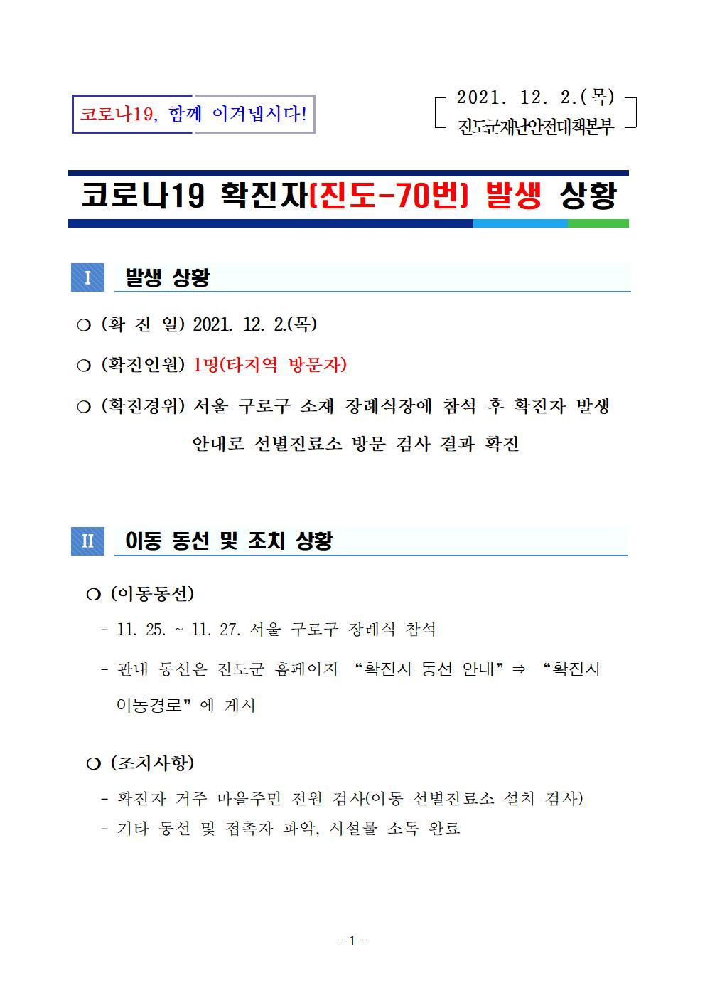 코로나19 진도 70번 확진자 발생 상황 첨부#1