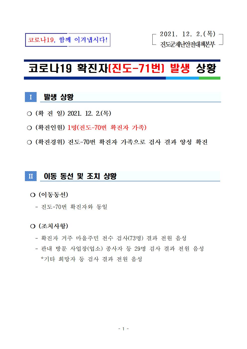 코로나19 진도 71번 확진자 발생 상황 첨부#1