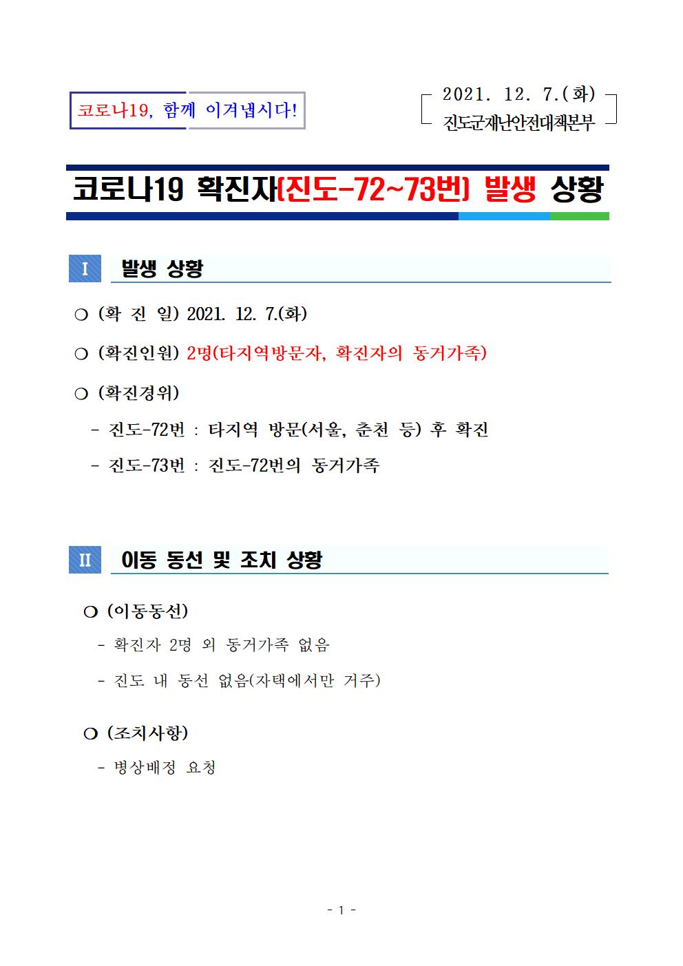 코로나 19 진도 72~73번 확진자 발생 상황 첨부#1