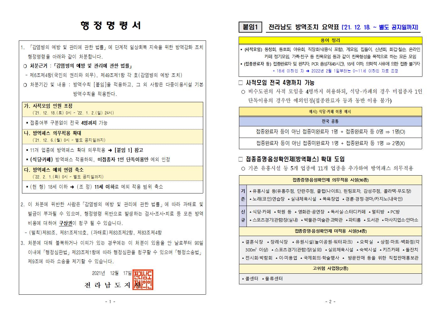 단계적 일상회복 지속을 위한 방역강화 행정명령 시행 안내 첨부#1
