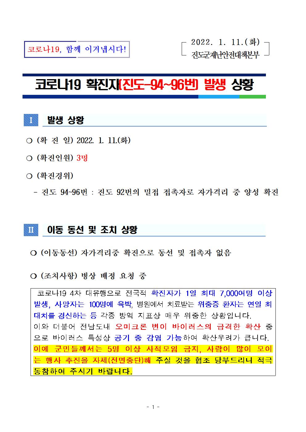 코로나 19 진도 94~96번 확진자 발생 상황 첨부#1