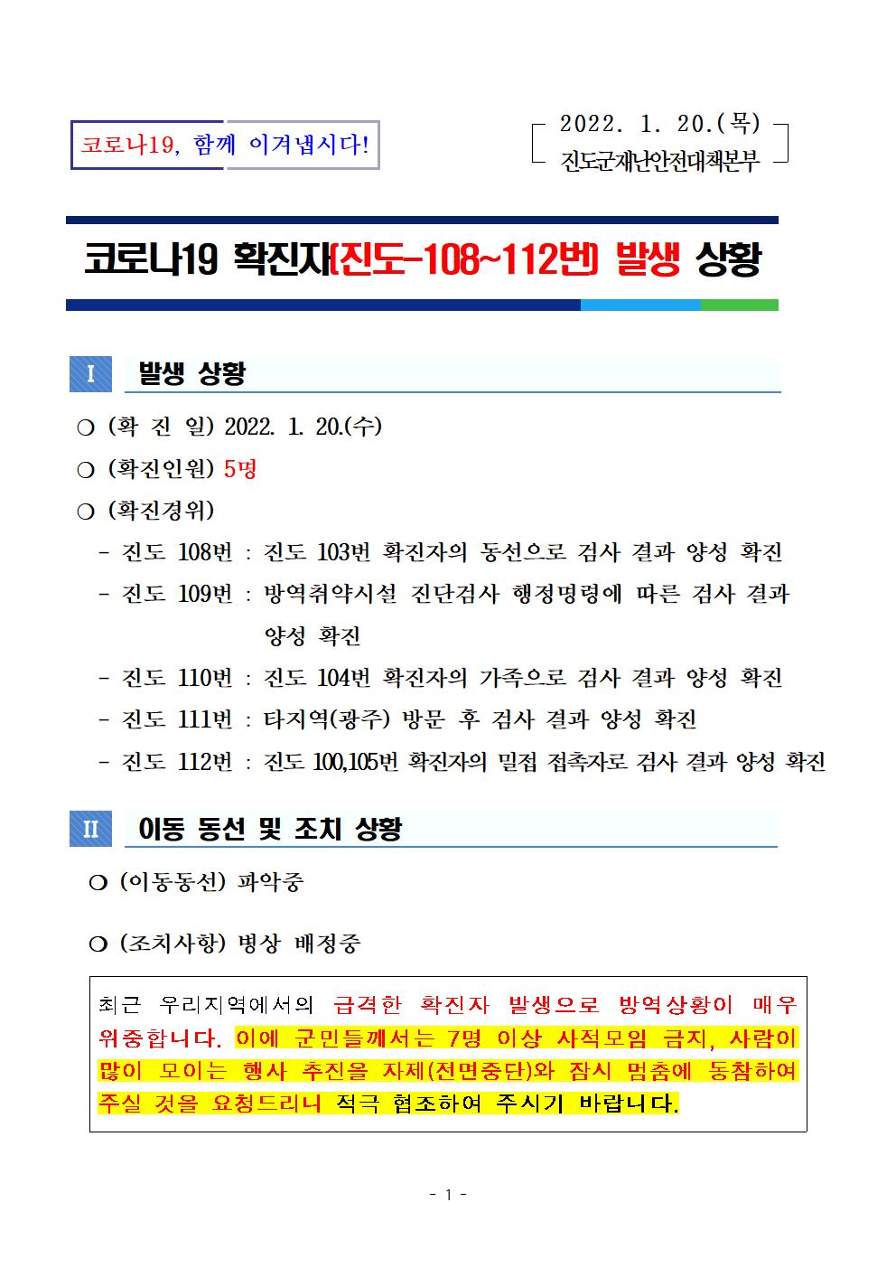 코로나 19 진도 108~112번 확진자 발생 상황 첨부#1