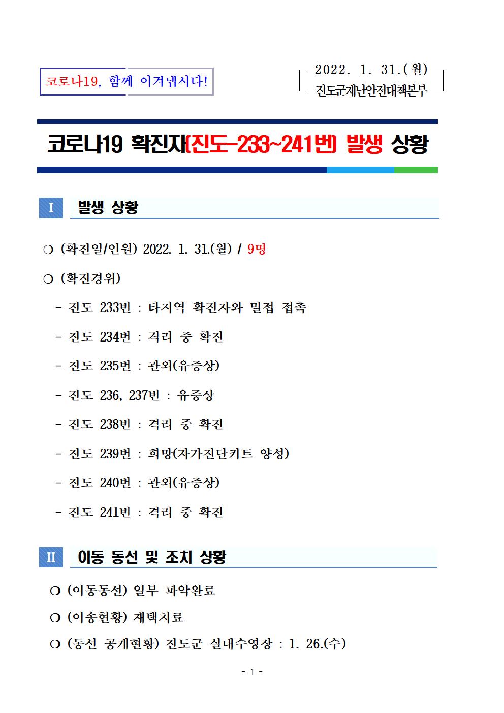 코로나 19 진도 233~241번 확진자 발생상황 첨부#1