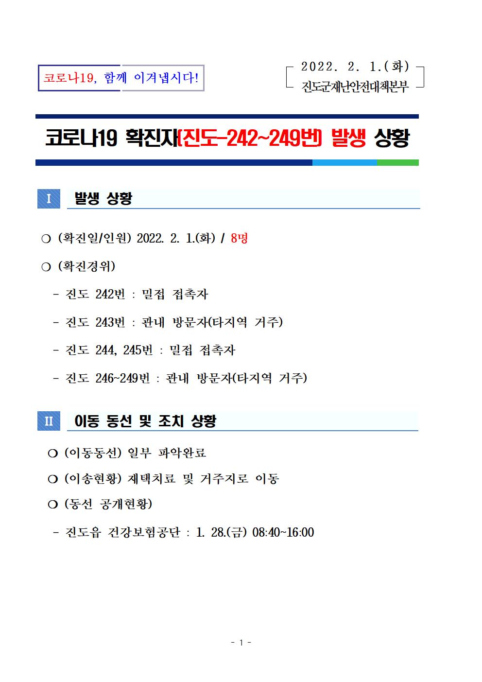 코로나 19 진도 242~249번 확진자 발생상황 첨부#1