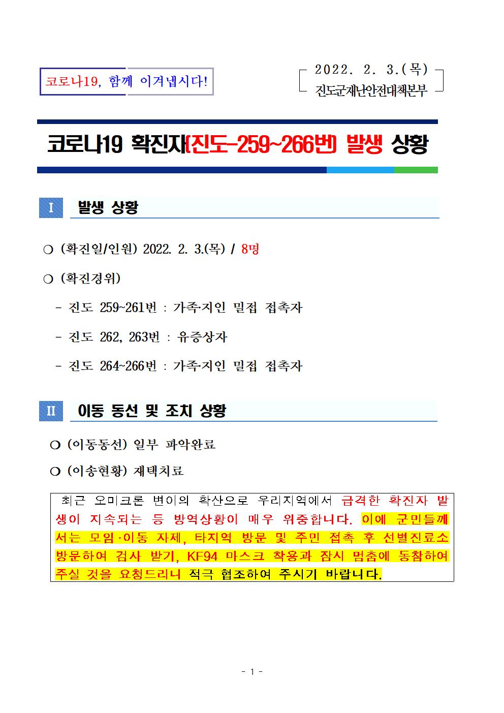 코로나 19 진도 259~266번 확진자 발생 상황 첨부#1