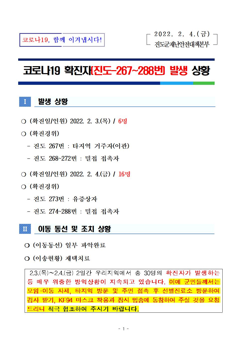 코로나 19 진도 267~288번 확진자 발생 상황 첨부#1