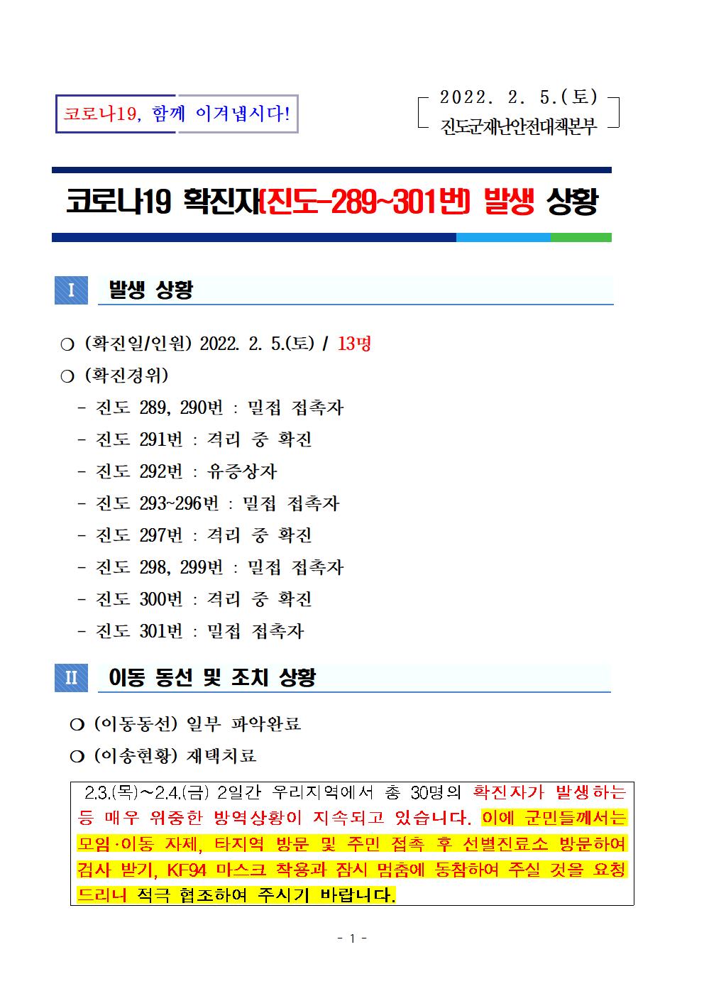 코로나 19 진도 289~301번 확진자 발생 상황 첨부#1