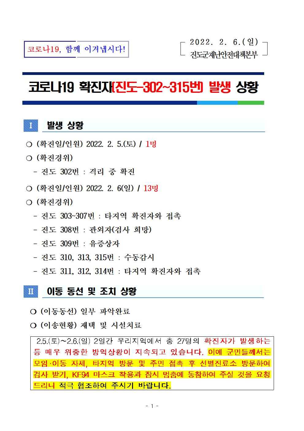 코로나 19 진도 302~315번 확진자 발생 상황 첨부#1