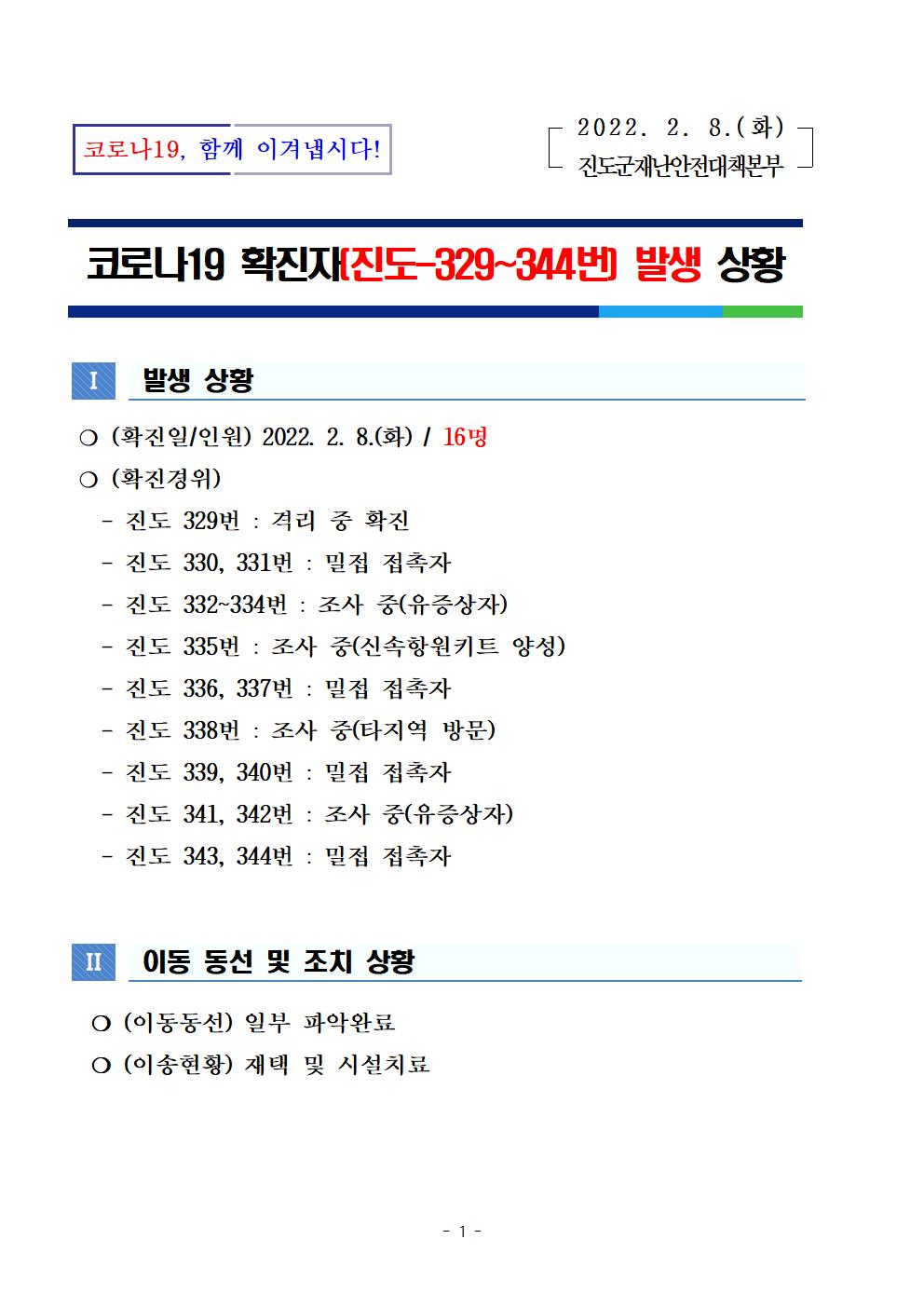 코로나 19 진도 329~344번 확진자 발생 상황 첨부#1