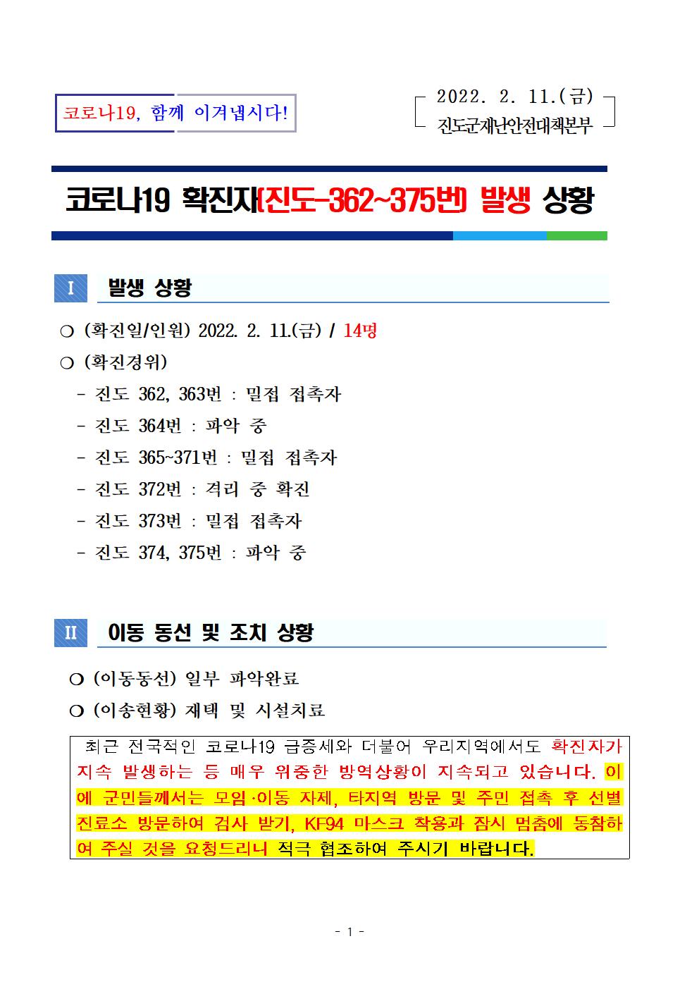 코로나 19 진도 362~375번 확진자 발생 상황 첨부#1