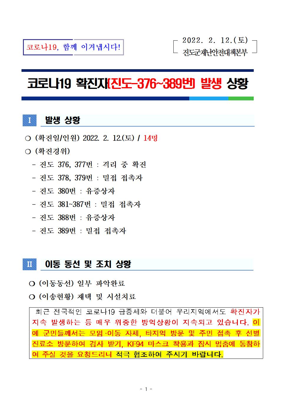 코로나 19 진도 376~389번 확진자 발생 상황 첨부#1