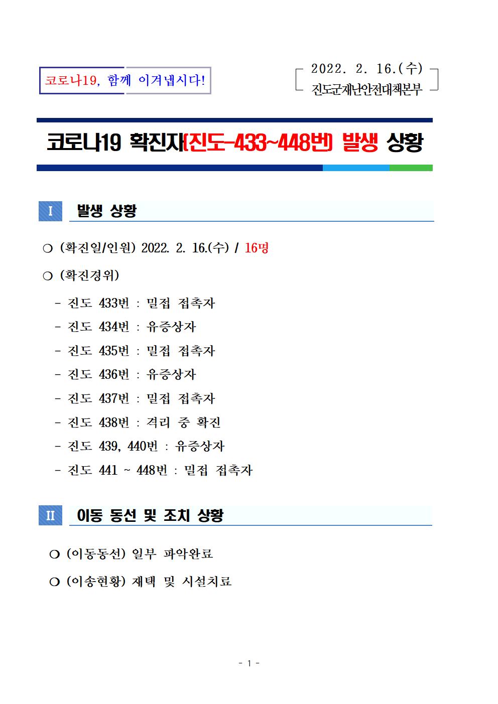 코로나 19 진도 433~448번 확진자 발생 상황 첨부#1