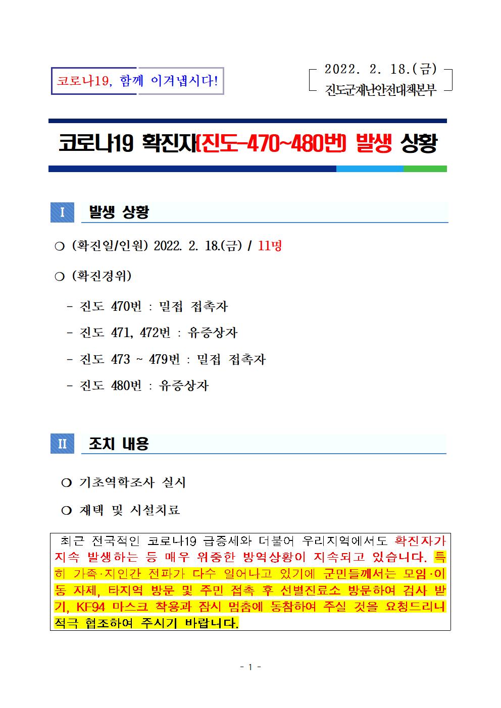 코로나 19 진도 470~480번 확진자 발생 상황 첨부#1