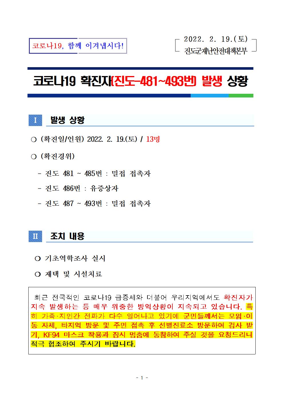 코로나 19 진도 481~493번 확진자 발생 상황 첨부#1