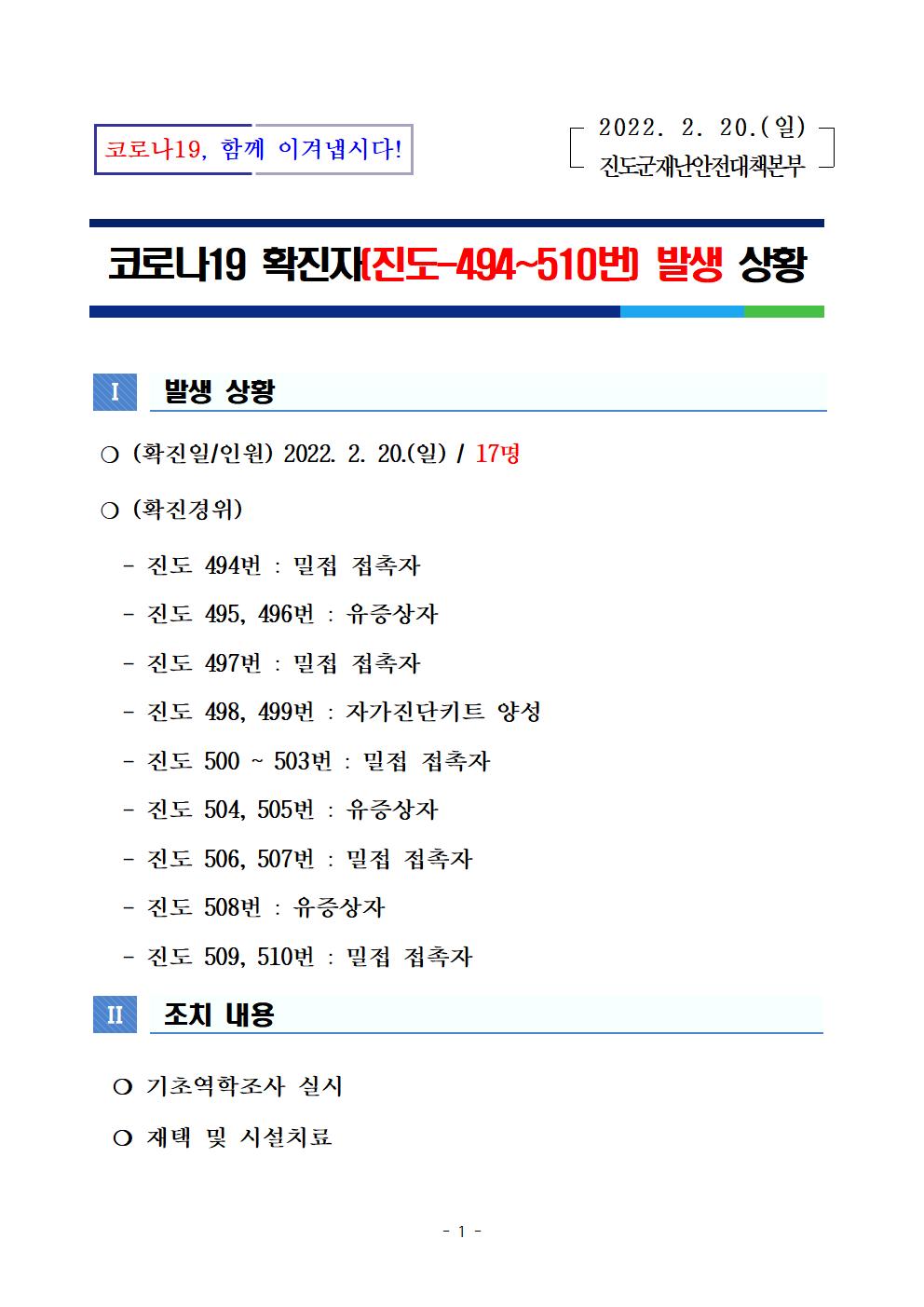 코로나 19 진도 494~510번 확진자 발생 상황 첨부#1