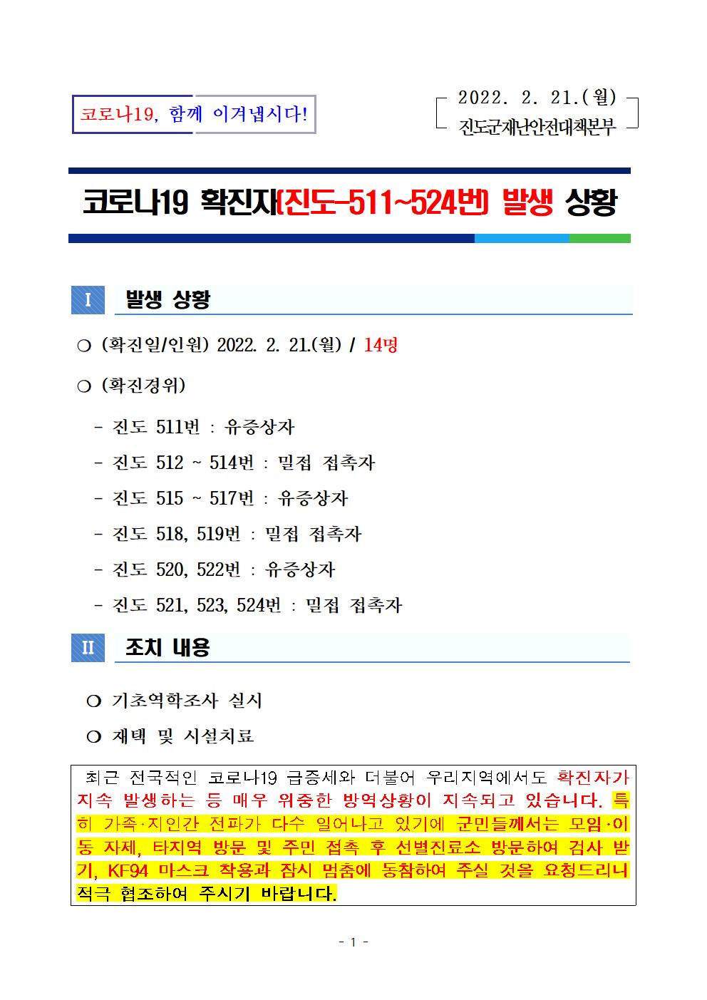 코로나 19 진도 511~524번 확진자 발생 상황 첨부#1