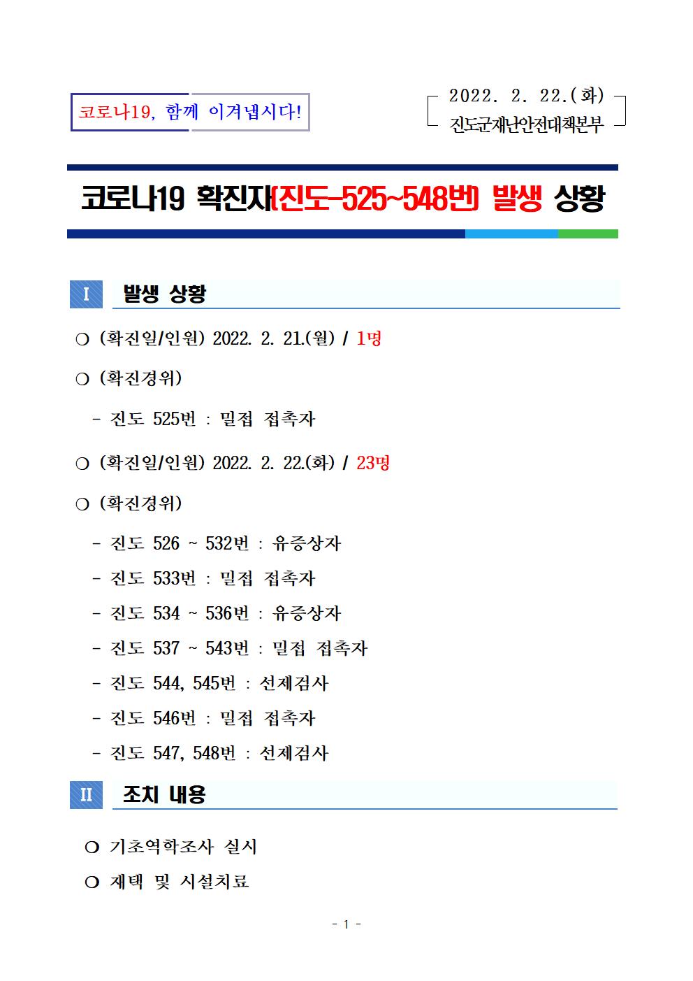 코로나 19 진도 525~548번 확진자 발생 상황 첨부#1