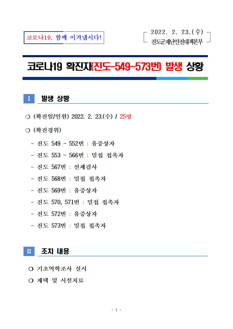 코로나 19 진도 549~573번 확진자 발생 상황 첨부#1