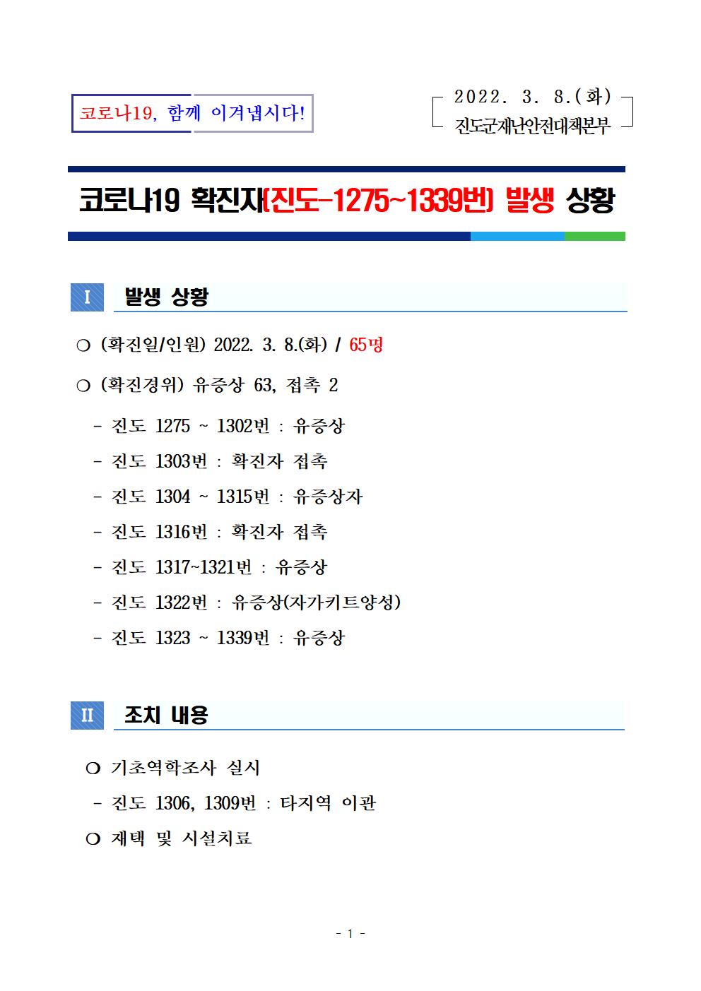 코로나19 진도 1275~1339번 확진자 발생 상황 첨부#1