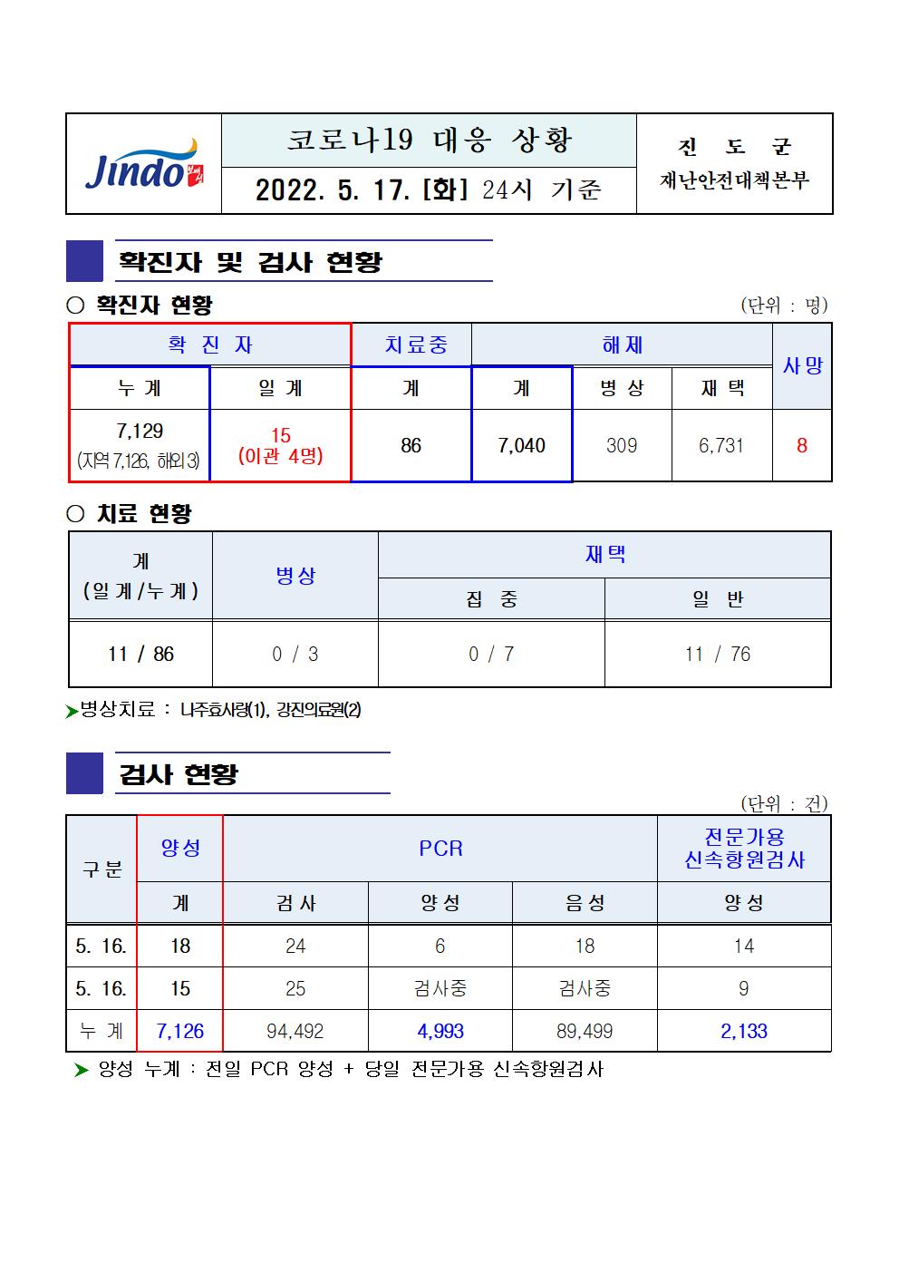 2022년 코로나 19 대응 일일상황보고(5월 17일 24시 기준) 첨부#1