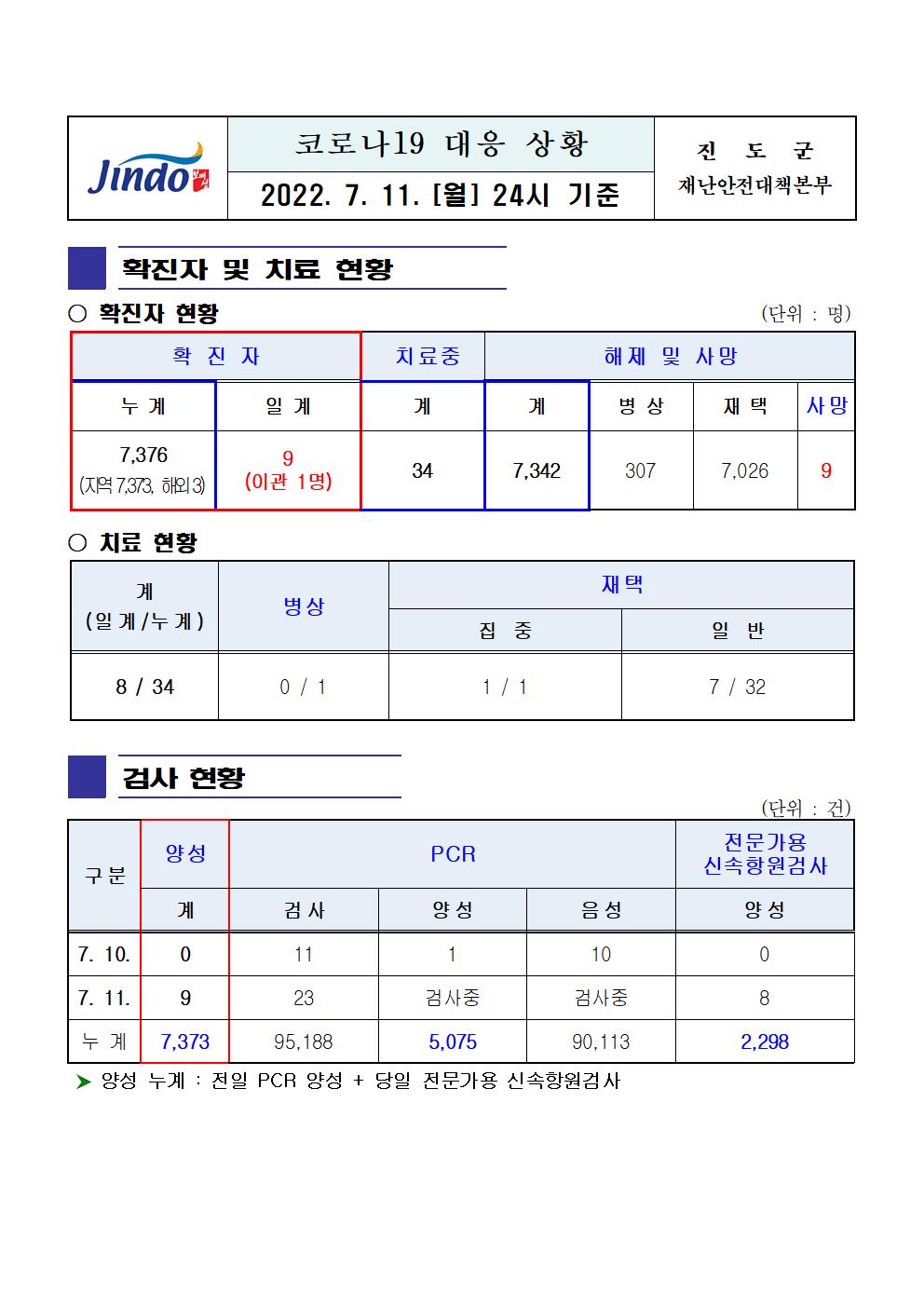 2022년 코로나 19 대응 일일상황보고(7월 11일 24시 기준) 첨부#1