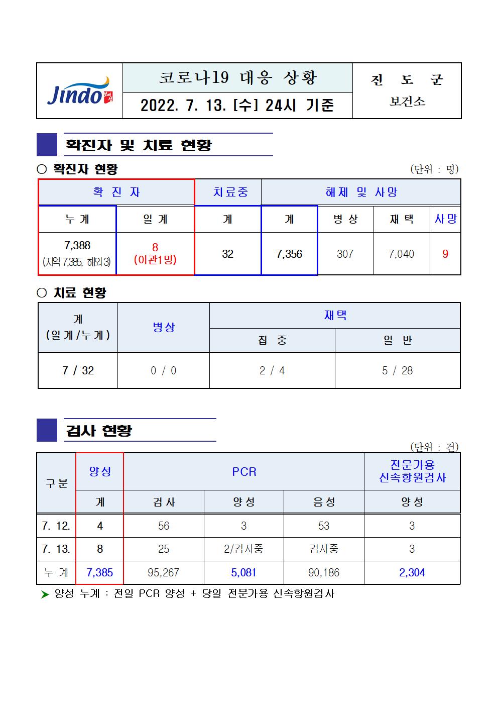 2022년 코로나 19 대응 일일상황보고(7월 13일 24시 기준) 첨부#1