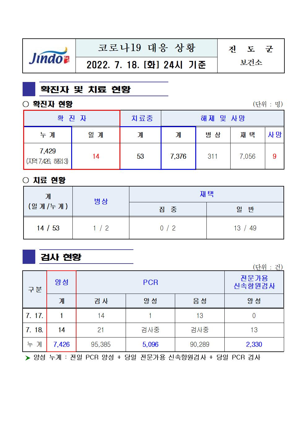 2022년 코로나 19 대응 일일상황보고(7월 18일 24시 기준) 첨부#1