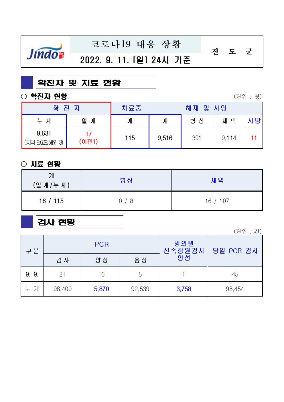 2022년 코로나 19 대응 일일상황보고(9월 11일 24시 기준) 첨부#1