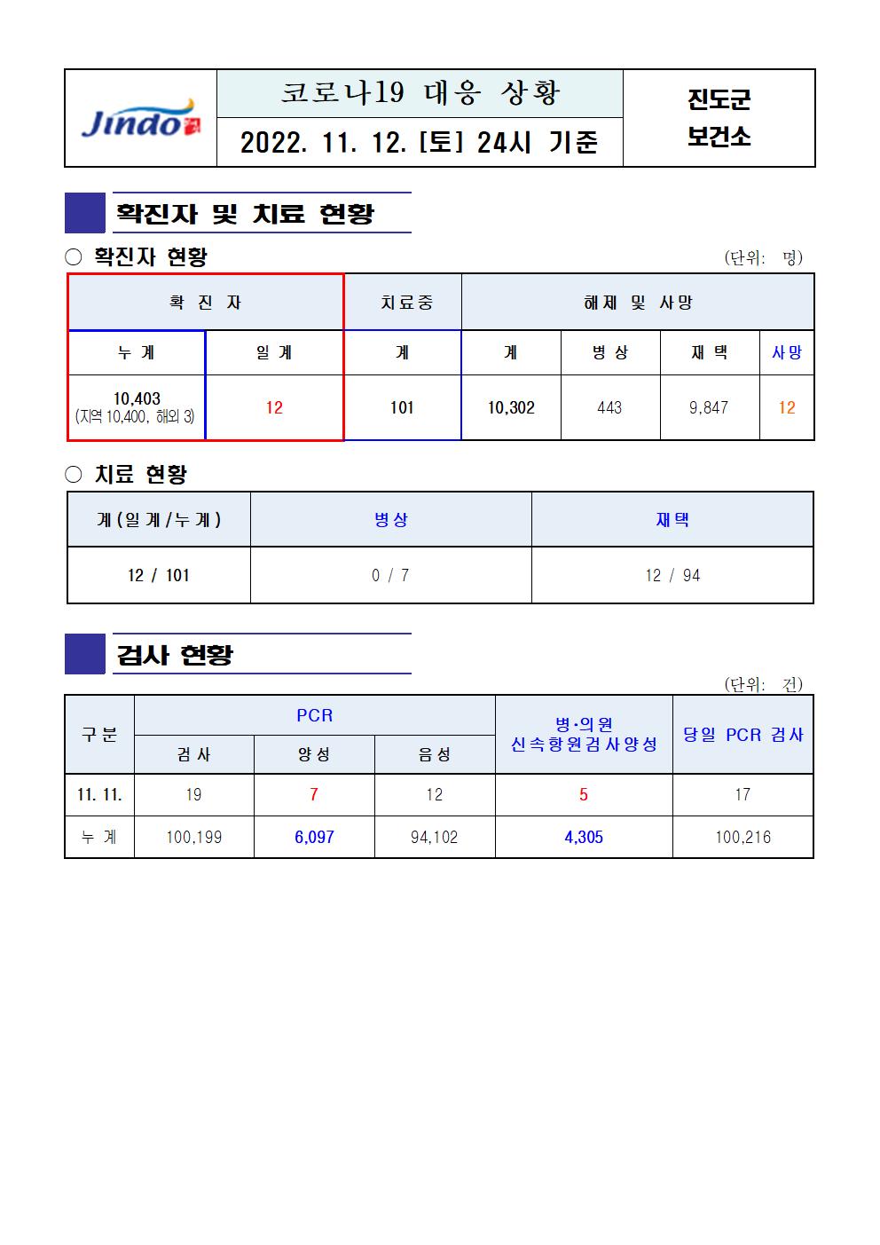 2022년 코로나 19 대응 일일상황보고(11월 12일 24시 기준) 첨부#1