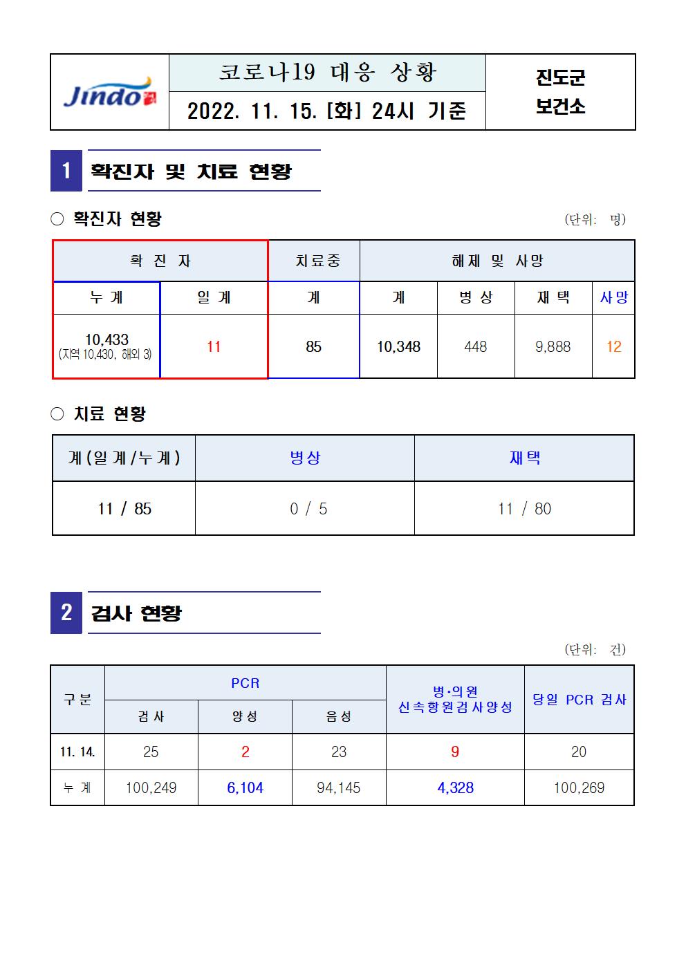 2022년 코로나 19 대응 일일상황보고(11월 15일 24시 기준) 첨부#2