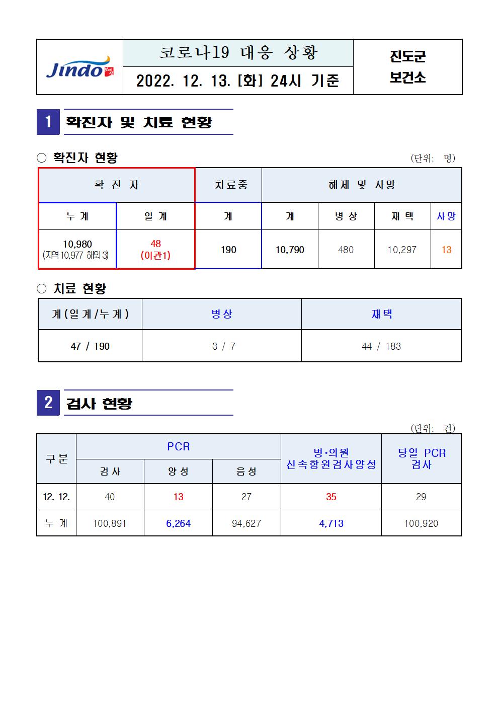 2022년 코로나 19 대응 일일상황보고(12월 13일 24시 기준) 첨부#2