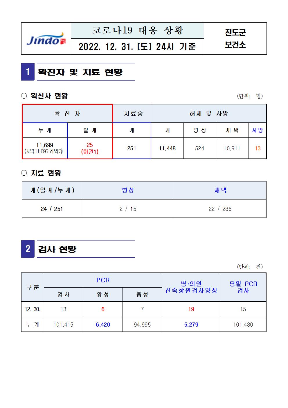 2022년 코로나 19 대응 일일상황보고(12월 31일 24시 기준) 첨부#1