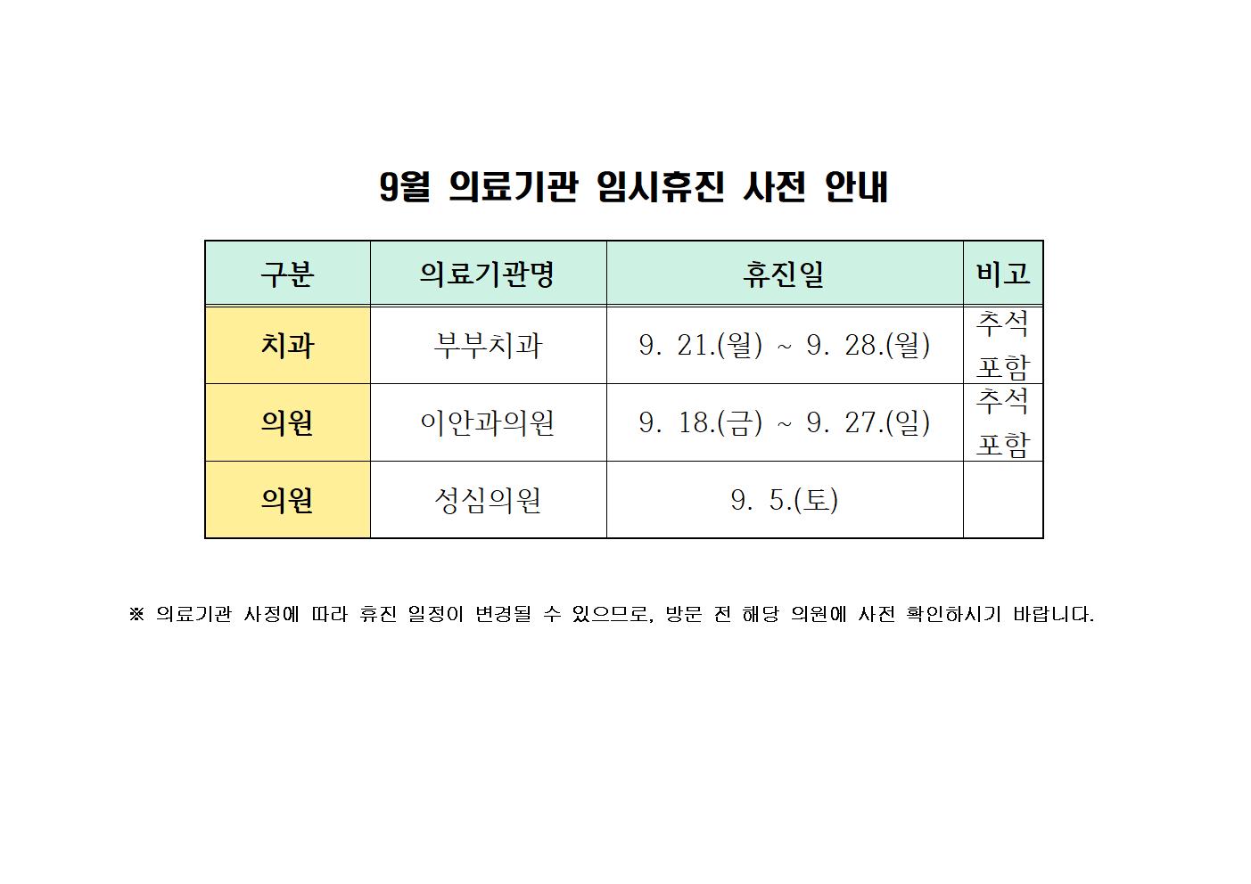 2026년 9월 의료기관 임시휴진 사전 안내 첨부#1