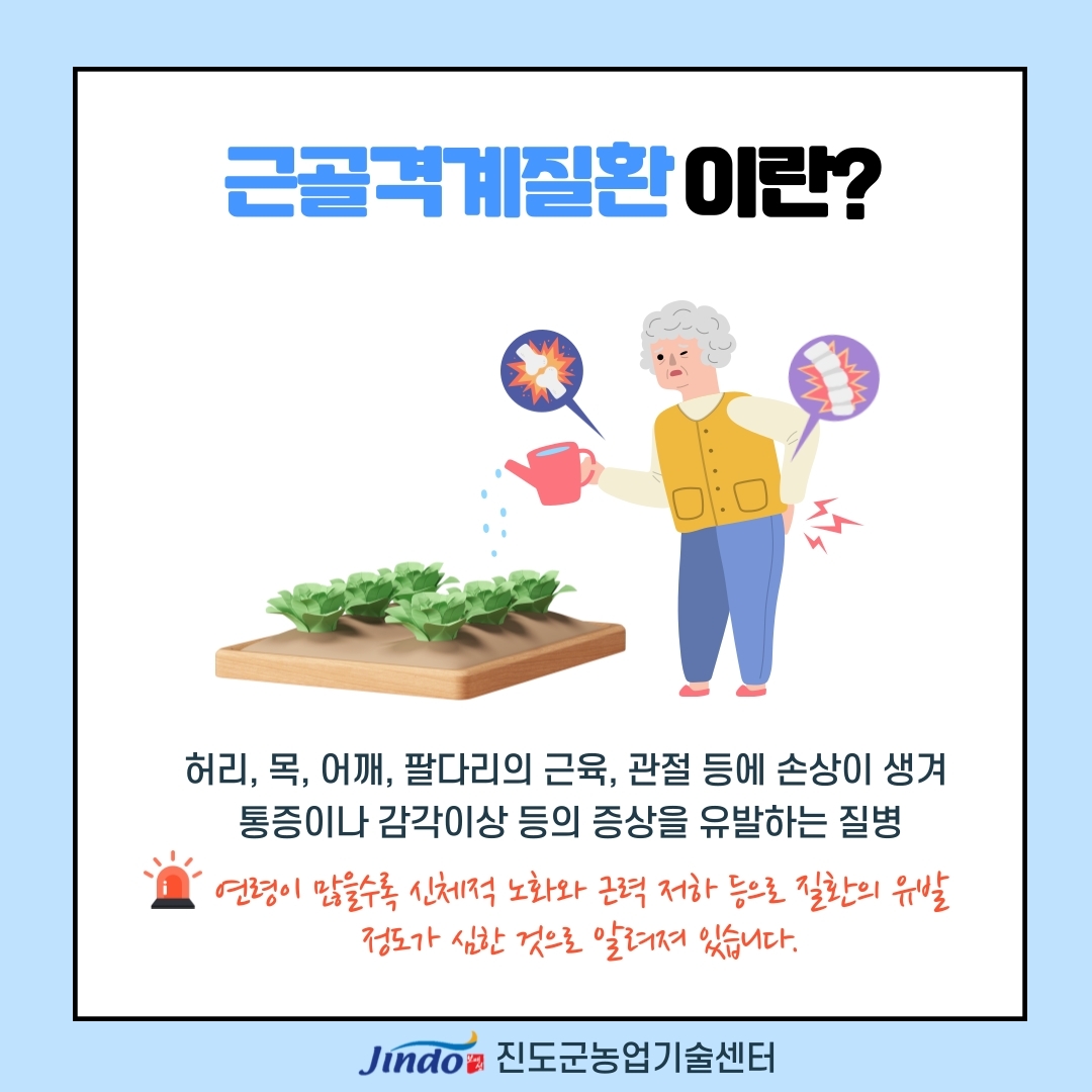 근골격계질환이란? 허리, 목, 어깨, 팔다리의 근육, 관절 등에 손상이 생겨 통증이나 감각이상 등의 증상을 유발하는 질병 연령이 많을수록 신체적 노화와 근력 저하 등로 질환의 유발 정도가 심한 것으로 알려져 있습니다. Jindo 진도군농업기술센터