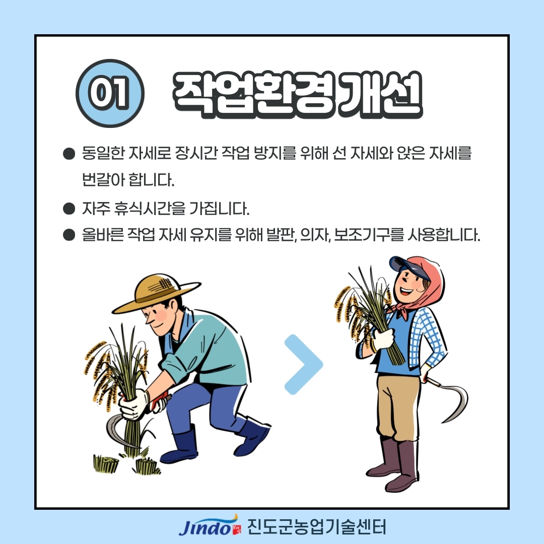 01 작업환경 개선 동일한 자세로 장시간 작업 방지를 위해 선 자세와 앉은 사레를 번갈아 합니다. 자주 휴식시간을 가집니다. 올바른 작업 자세 유지를 위해 발판, 의자, 보조기구를 사용합니다. Jindo 진도군농업기술센터