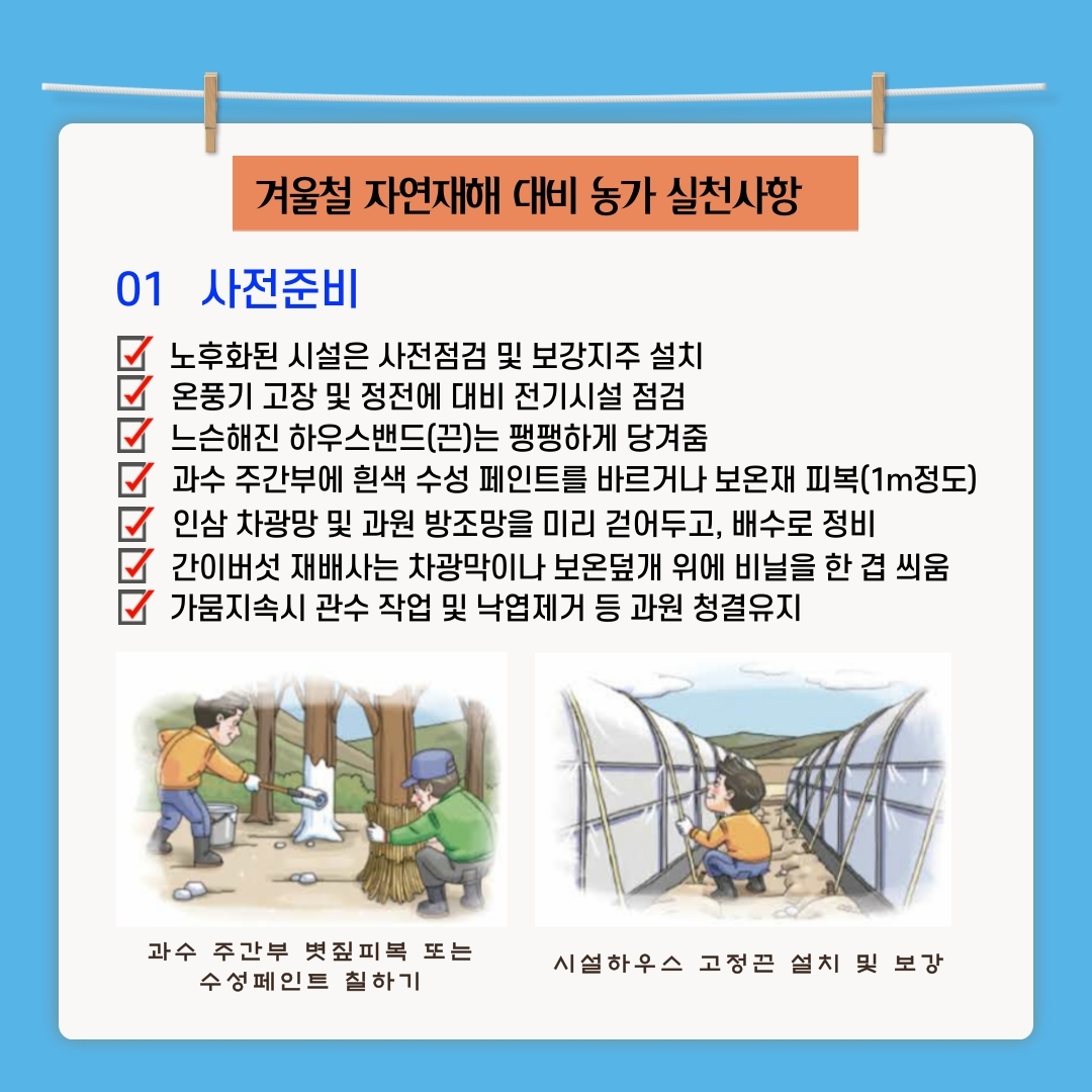 겨울철 자연재해 대비 농가 실천사항 01 사전준비 노후화된 시설은 사전점검 및 보강지주 설치 온풍기 고장 및 정전에 대비 전기시설 점검 다 느슨해진 하우스밴드(끈)는 팽팽하게 당겨줌 저 과수 주간부에 흰색 수성 페인트를 바르거나 보온재 피복(1m정도) 저 인삼 차광망 및 과원 방조망을 미리 걷어두고, 배수로 정비 간이버섯 재배사는 차광막이나 보온덮개 위에 비닐을 한 겹 씌움 가뭄지속시 관수 작업 및 낙엽제거 등 과원 청결유지 과수 주간부 볏짚피복 또는 수성페인트 칠하기 시설하우스 고정끈 설치 및 보강