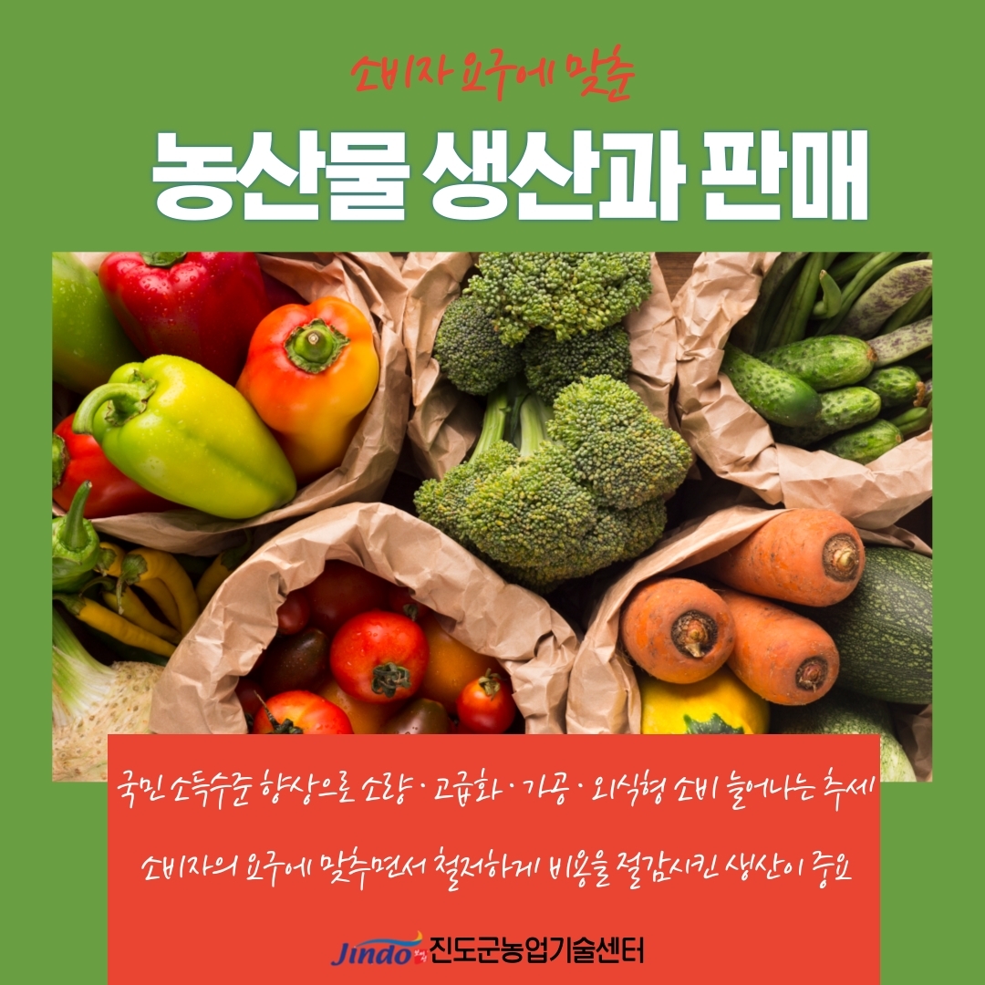 소비자 요구에 맞춘 농산물 생산과 판매 국민소득수준 향상으로 소량·고급화·가공·외식형 소비 늘어나는 추게 소비자의 요구에 맞추면서 철저하게 비용을 절감시킨 생산이 중요 Jindo 진도군농업기술센터