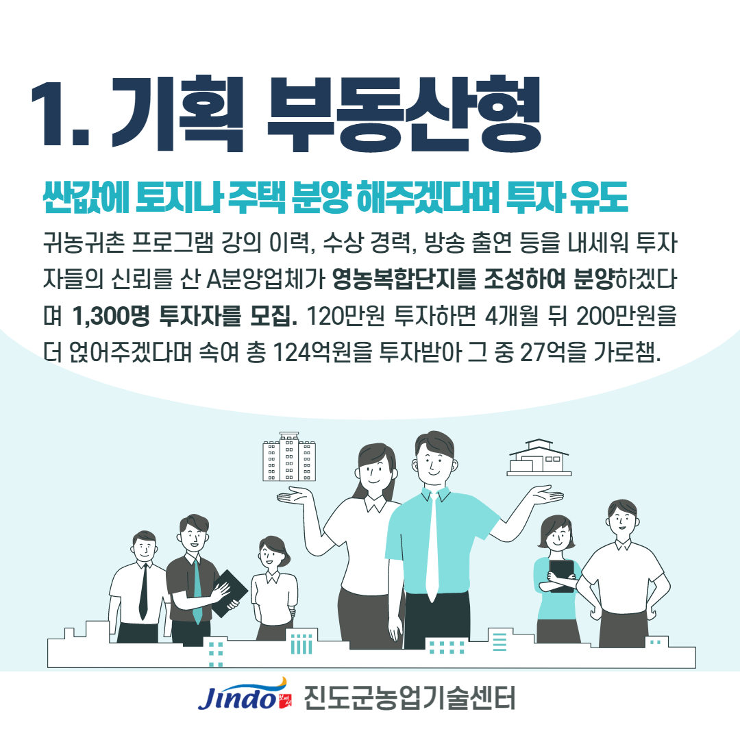 1. 기획 부동산형 싼값에 토지나 주택 분양해주겠다며 투자유도 귀농귀촌 프로그램 강의 이력, 수상 경력, 방송 출연 등을 내세워 투자 자들의 신뢰를 산 A분양업체가 영농복합단지를 조성하여 분양하겠다며 1,300명 투자자를 모집. 120만원 투자하면 4개월 뒤 200만원을 더 얹어주겠다며 속여 총 124억원을 투자받아 그 중 27억을 가로챔. Jindo 진도군농업기술센터