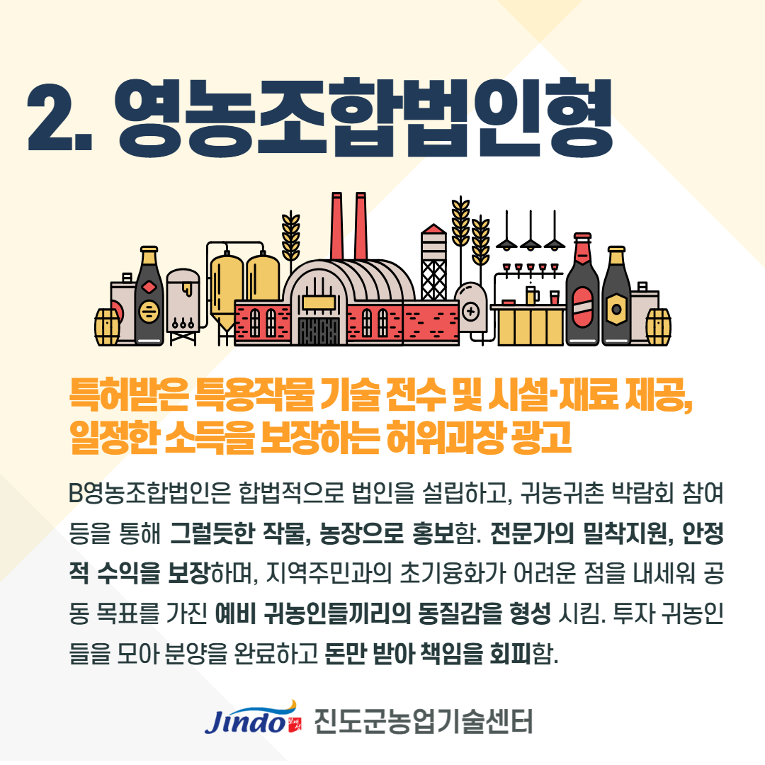 2. 영농조합법인형 특허받은 특용작물 기술 전수 및 시설 재료 제공, 일정한 소득을 보장하는 허위과장광고 B영농조합법인은 합법적으로 법인을 설립하고, 귀농귀촌 박람회 참여 등을 통해 그럴듯한 작물, 농장으로 홍보함. 전문가의 밀착지원, 안정 적 수익을 보장하며, 지역주민과의 초기융화가 어려운 점을 내세워 공 동 목표를 가진 예비 귀농인들끼리의 동질감을 형성 시킴. 투자 귀농인 들을 모아 분양을 완료하고 돈만 받아 책임을 회피함. Jindo 진도군농업기술센터