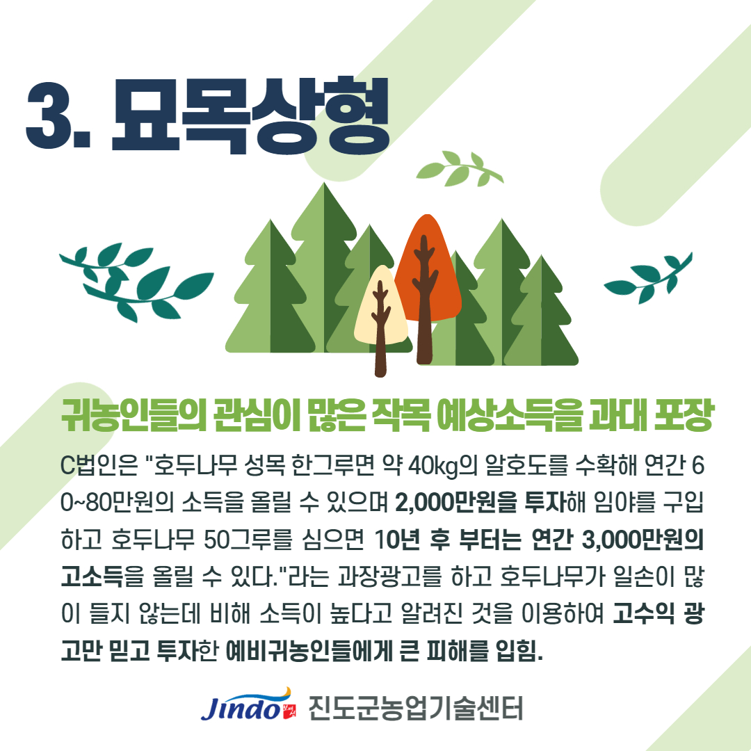 3. 묘목상형 귀농인들의 관심이 많은 작목 예상소득을 과대포장 C법인은 '호두나무 성목 한그루면 약 40kg의 알호도를 수확해 연간 6 0~80만원의 소득을 올릴 수 있으며 2,000만원을 투자해 임야를 구입 하고 호두나무 50그루를 심으면 10년 후 부터는 연간 3,000만원의 고소득을 올릴 수 있다.'라는 과장광고를 하고 호두나무가 일손이 많 이 들지 않는데 비해 소득이 높다고 알려진 것을 이용하여 고수익 광 고만 믿고 투자한 예비귀농인들에게 큰 피해를 입힘. Jindo 진도군농업기술센터